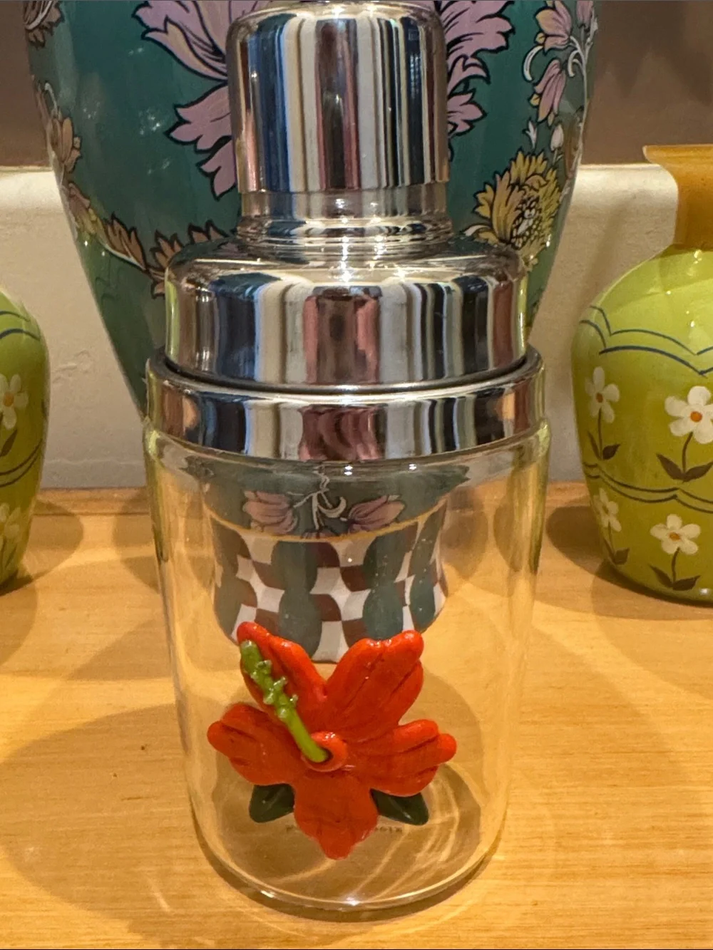 Anthropologie Cocktail Mixer  Glass Mixer with Red Floral